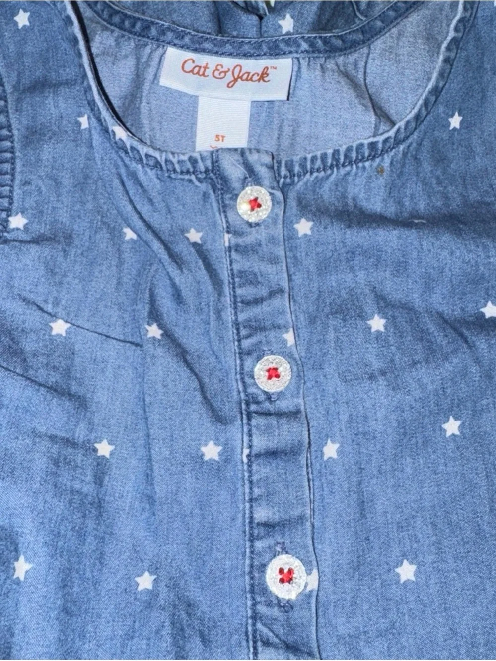 Cat & Jack Blue Star-Print Denim Romper with Red Rope Tie